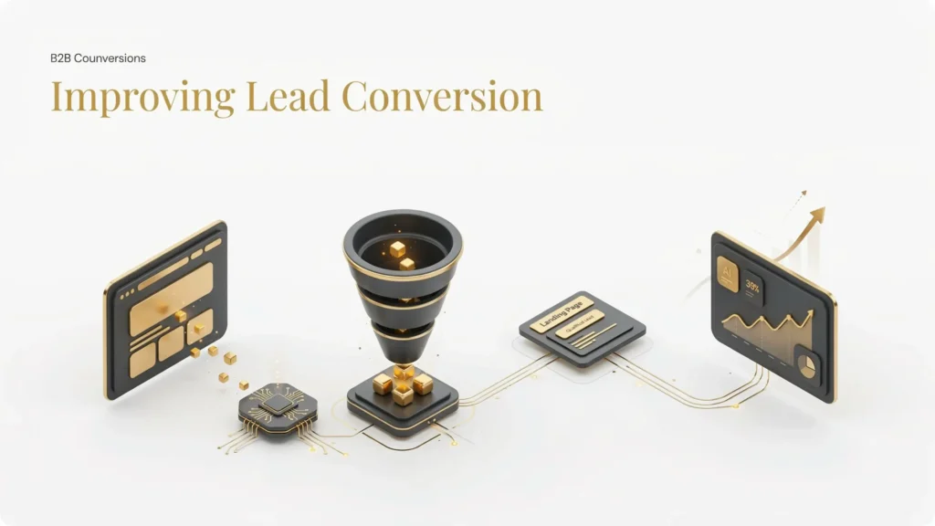 Improving lead conversion illustration showing website traffic flowing through AI-powered marketing, landing pages, and a conversion funnel into qualified leads.