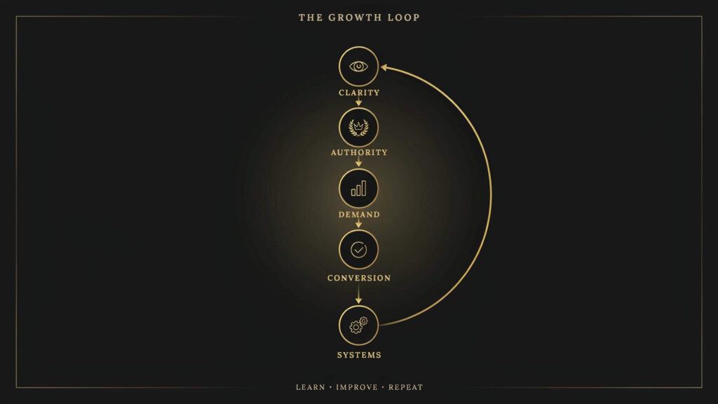 Ishwave Growth Framework shown as a charcoal and metallic gold continuous growth loop connecting Clarity, Authority, Demand, Conversion and Systems, with learning from Systems feeding back into Clarity for ongoing improvement.
