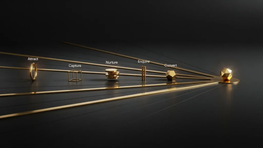 Lead generation journey represented by a gold pathway connecting audience attention, enquiries and business growth on a dark charcoal background