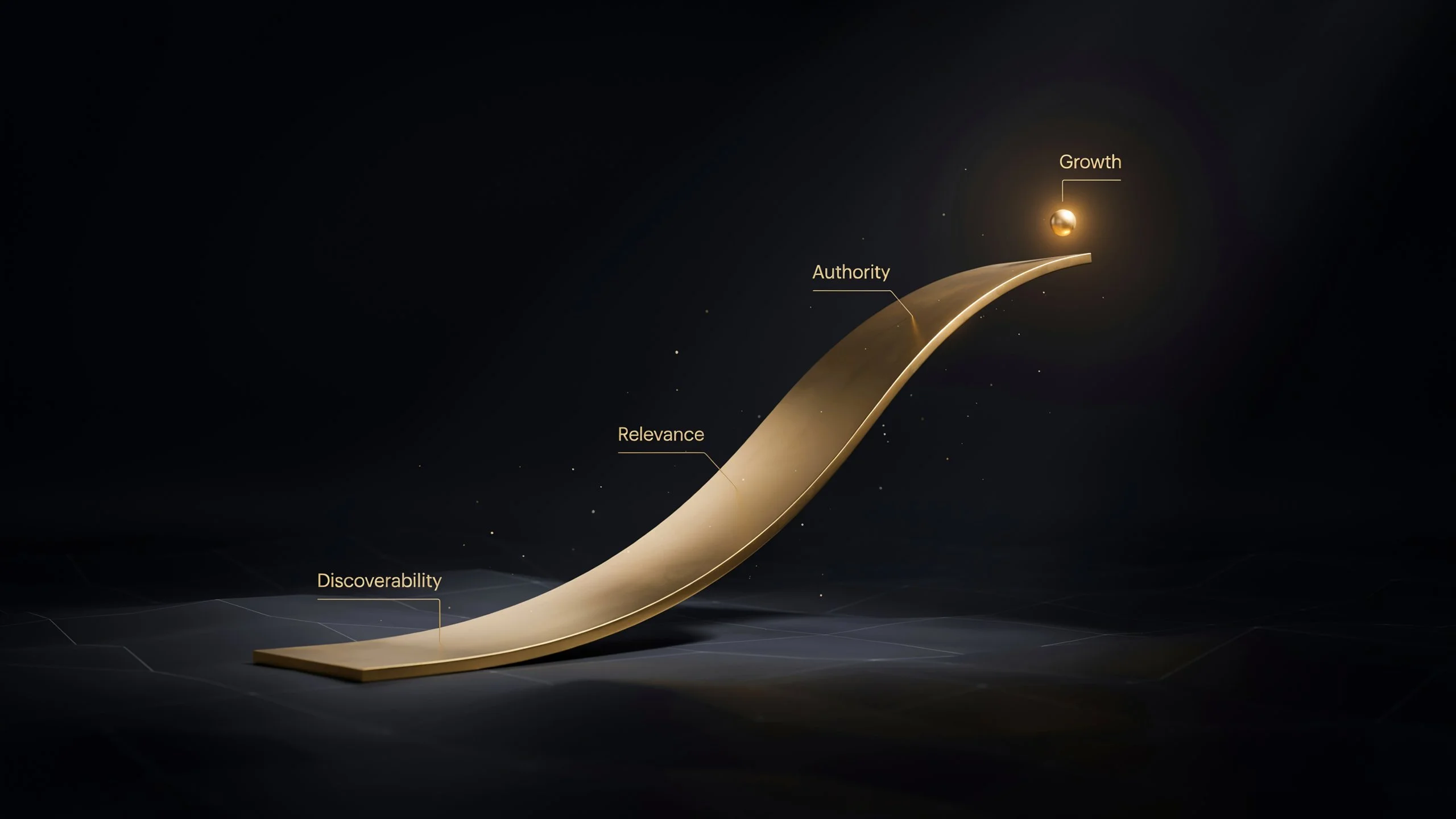 SEO strategy and search visibility represented by a gold digital search pathway on a dark background