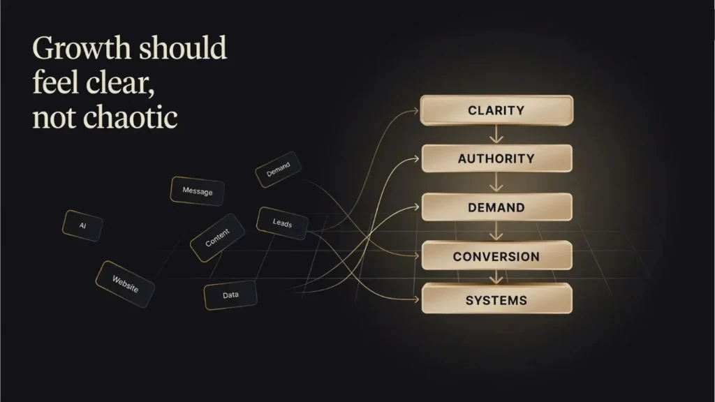 growth strategy visual showing scattered business elements including messaging, content, website, demand, leads, data and AI flowing into a connected system of clarity, authority, demand, conversion and systems.