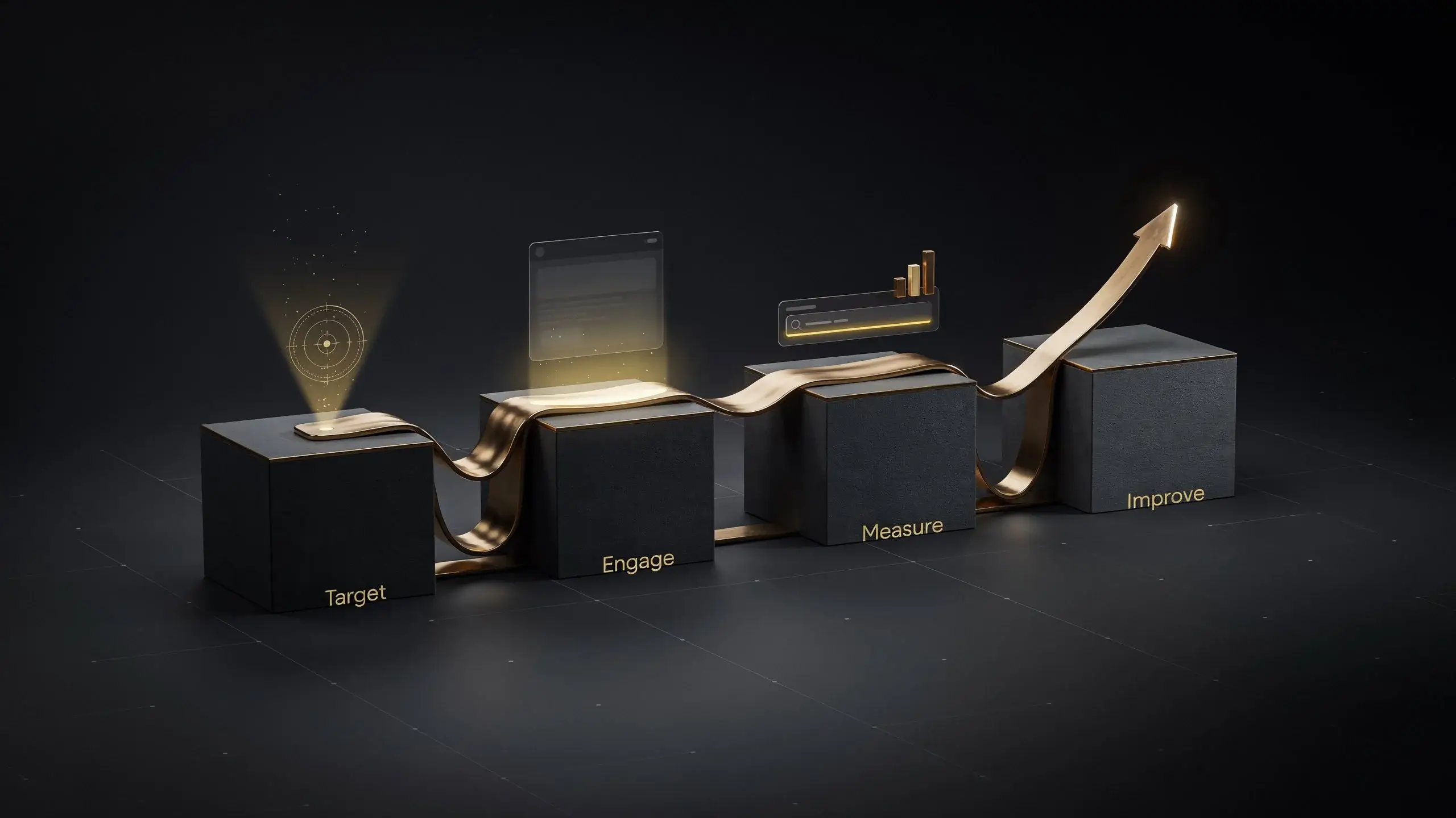 Paid media and performance marketing represented by a gold digital advertising growth pathway on a dark background