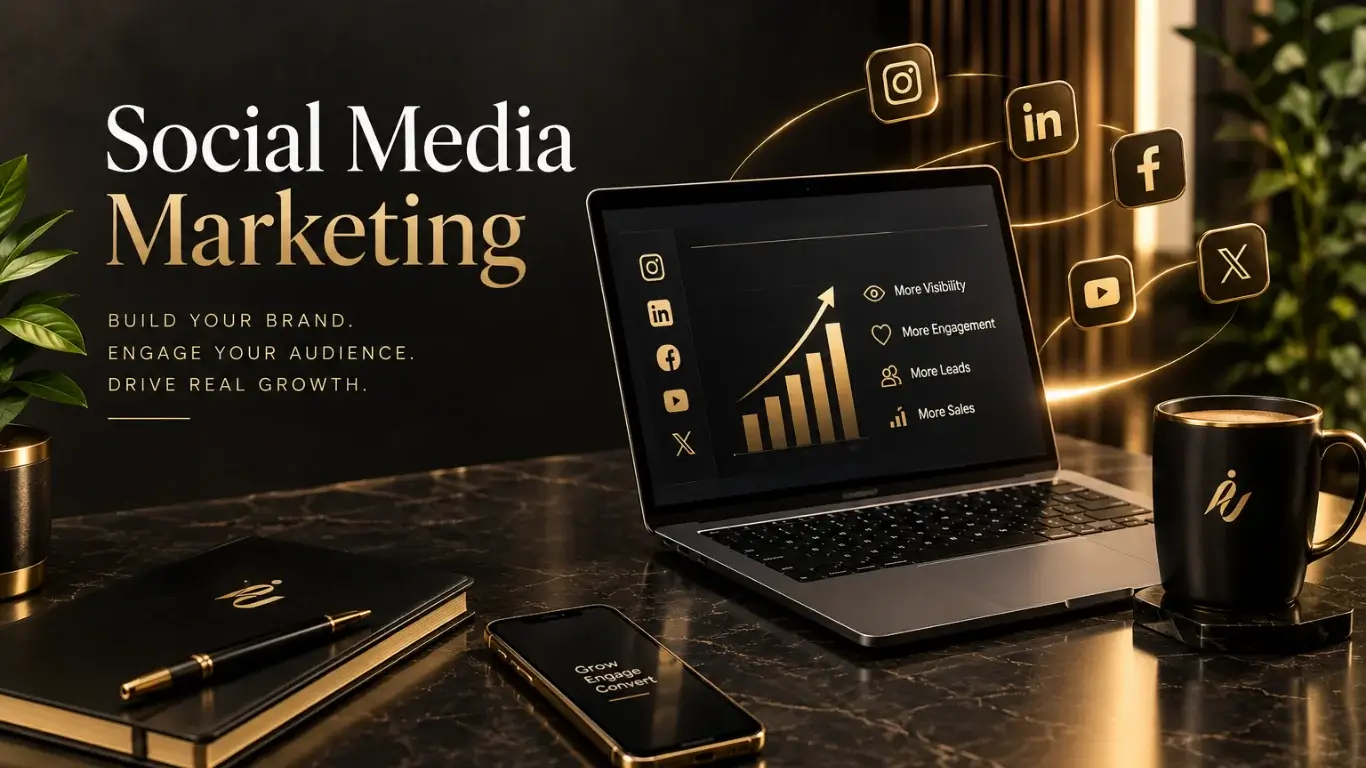 Premium charcoal and metallic gold social media marketing graphic showing social media platforms, digital engagement and growth analytics.